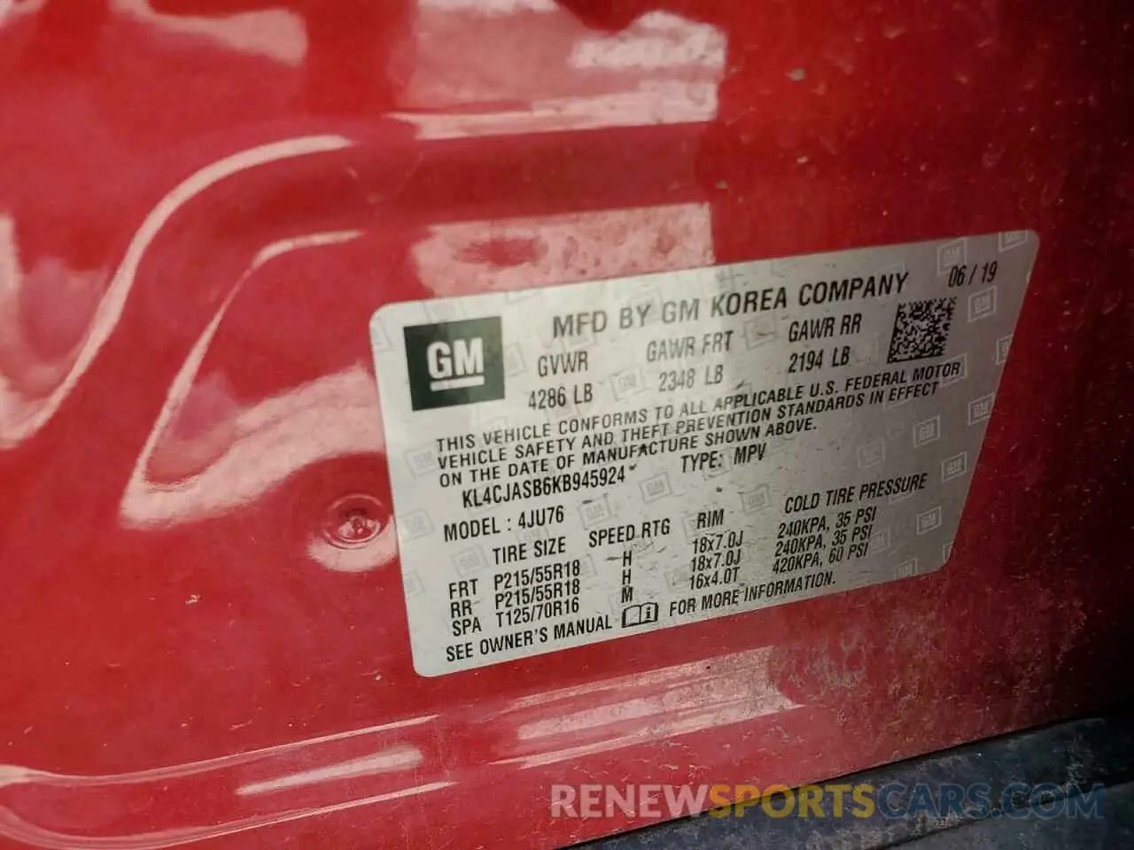 13 Photograph of a damaged car KL4CJASB6KB945924 BUICK ENCORE 2019