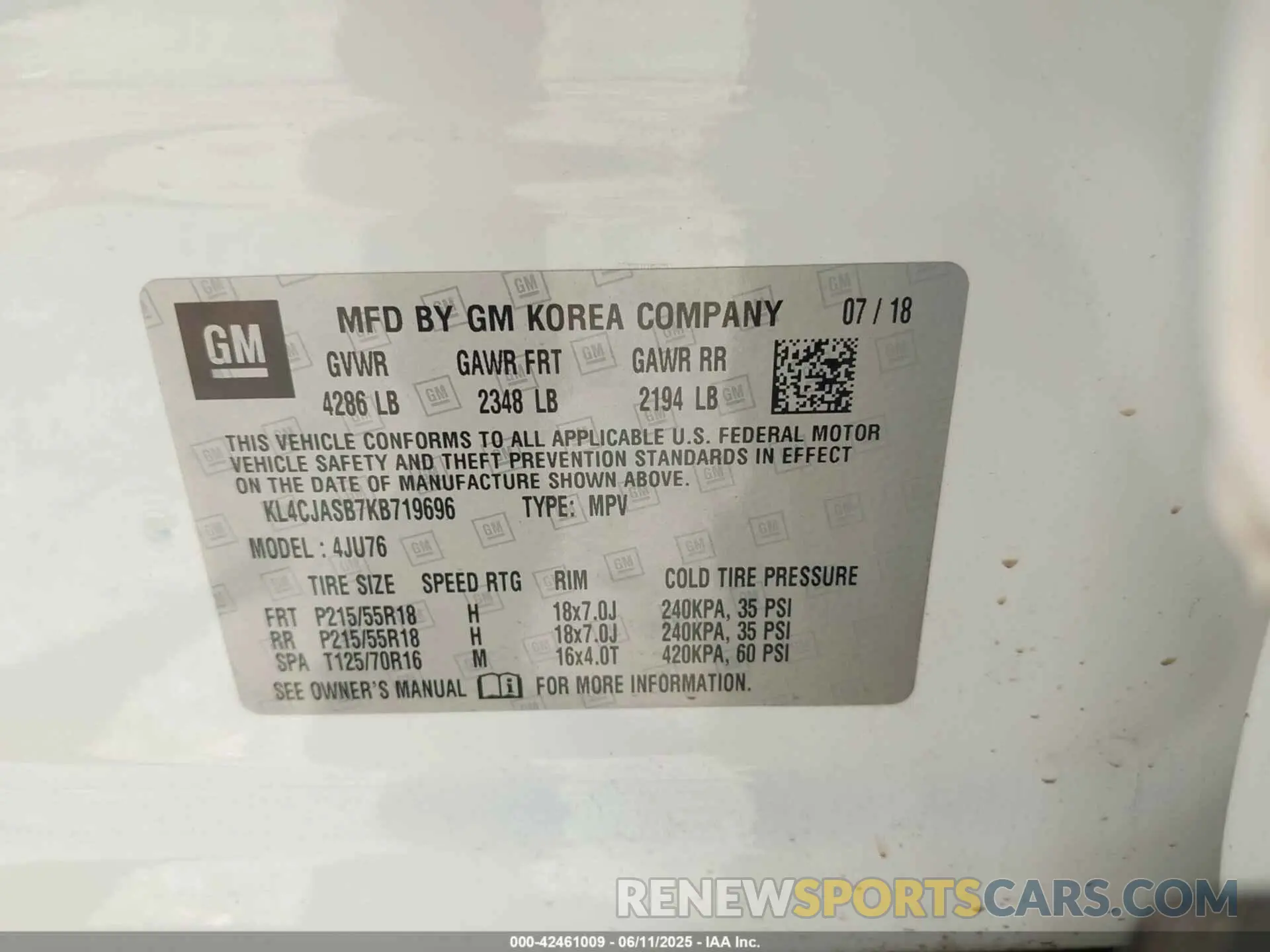 9 Photograph of a damaged car KL4CJASB7KB719696 BUICK ENCORE 2019