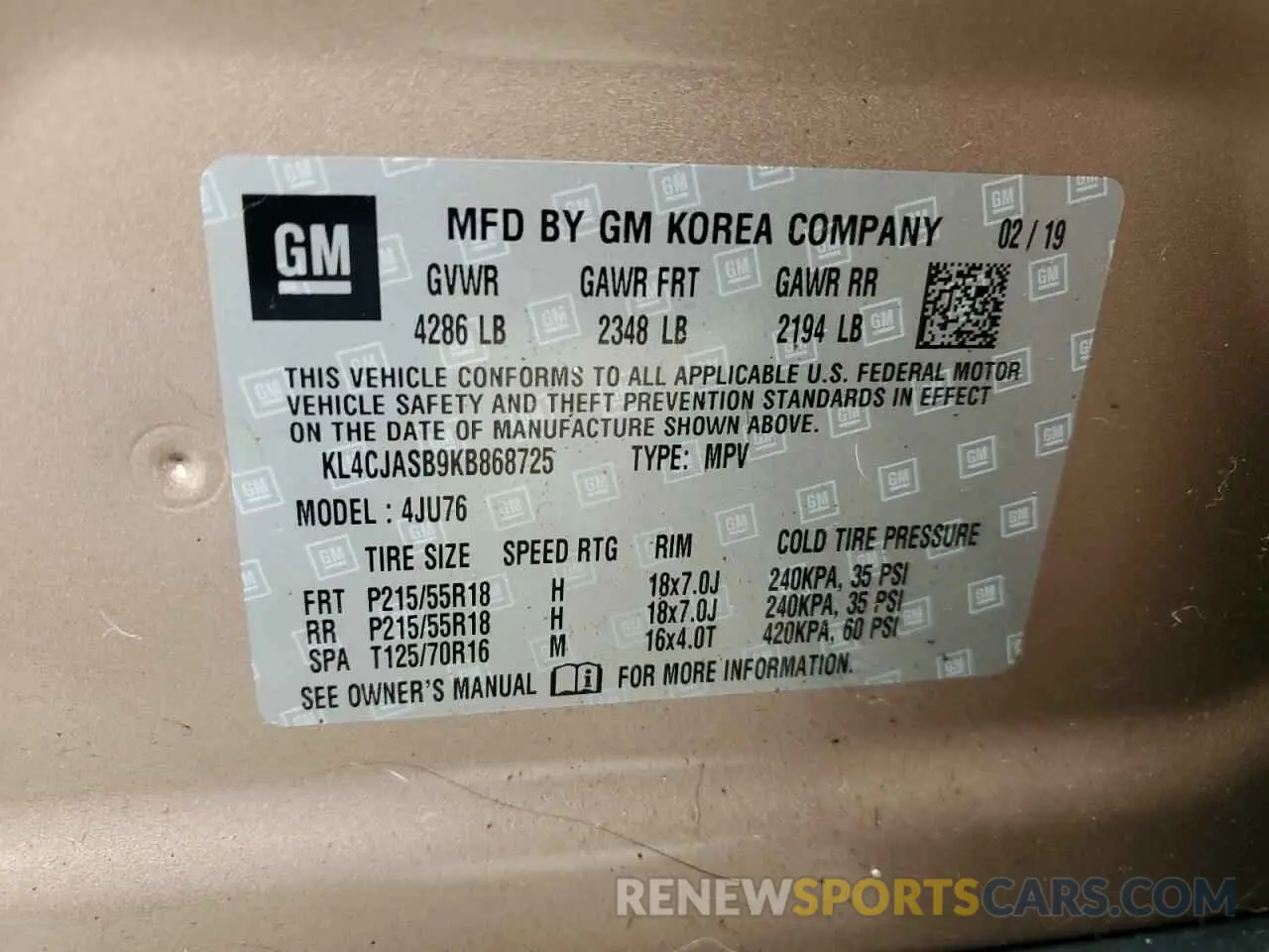 12 Photograph of a damaged car KL4CJASB9KB868725 BUICK ENCORE 2019