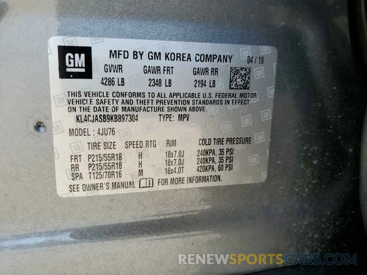 15 Photograph of a damaged car KL4CJASB9KB897304 BUICK ENCORE 2019