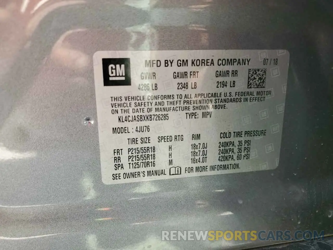 15 Photograph of a damaged car KL4CJASBXKB726285 BUICK ENCORE 2019