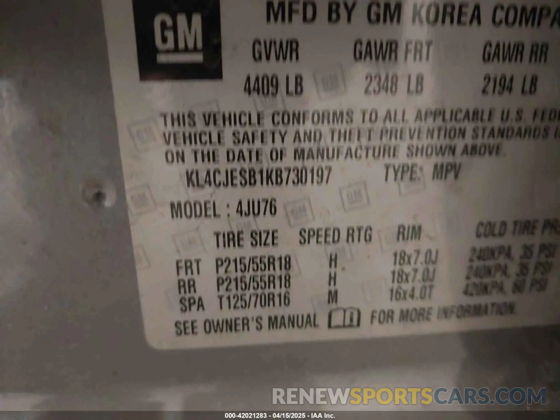 9 Photograph of a damaged car KL4CJESB1KB730197 BUICK ENCORE 2019