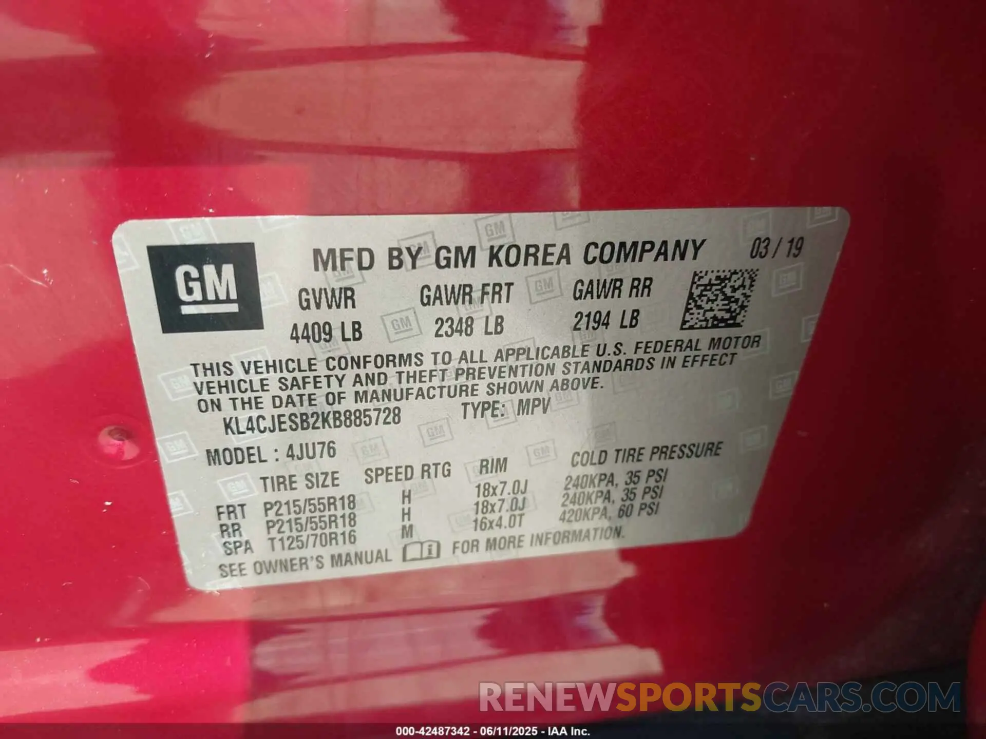 9 Photograph of a damaged car KL4CJESB2KB885728 BUICK ENCORE 2019