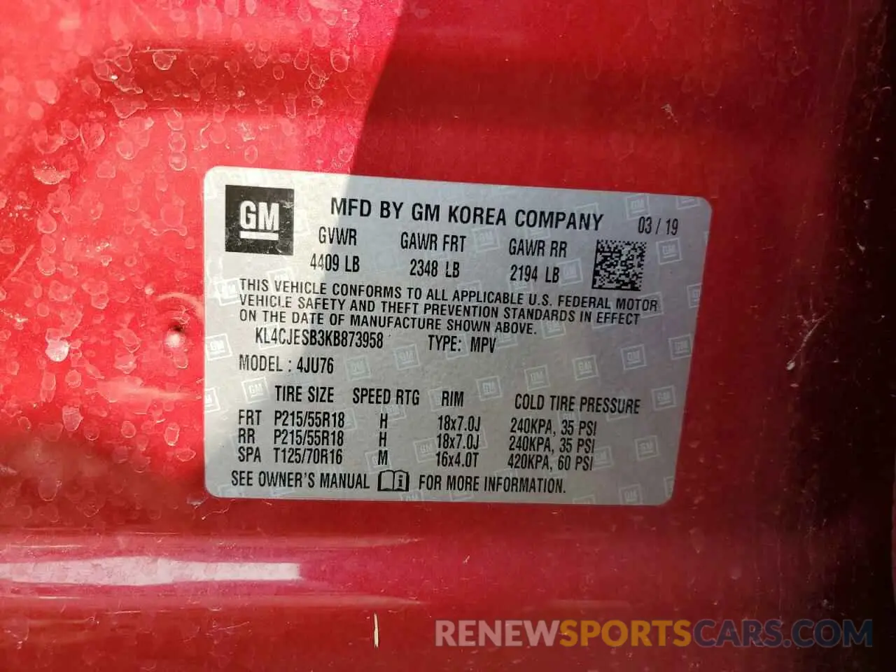 13 Photograph of a damaged car KL4CJESB3KB873958 BUICK ENCORE 2019