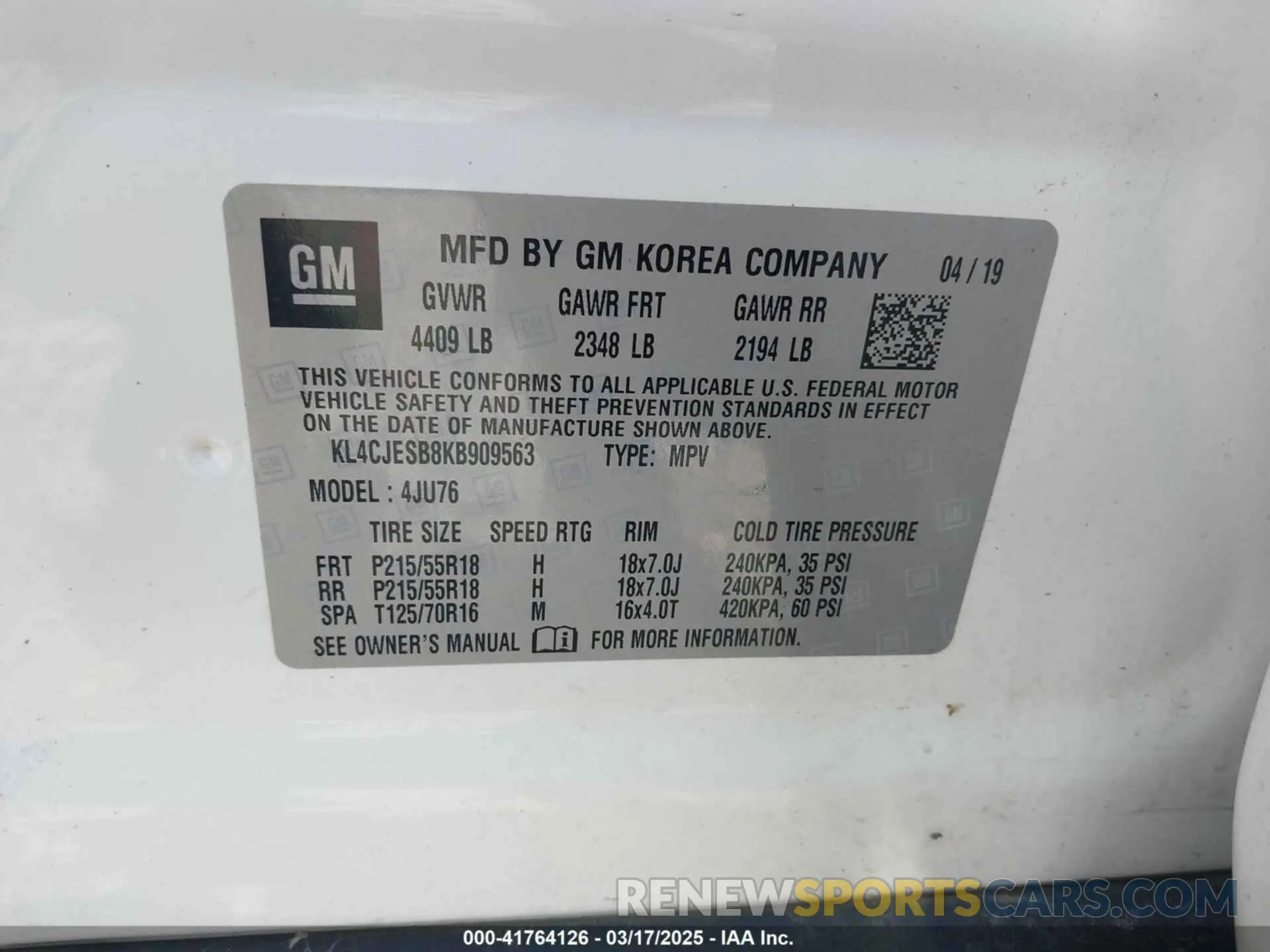 9 Photograph of a damaged car KL4CJESB8KB909563 BUICK ENCORE 2019
