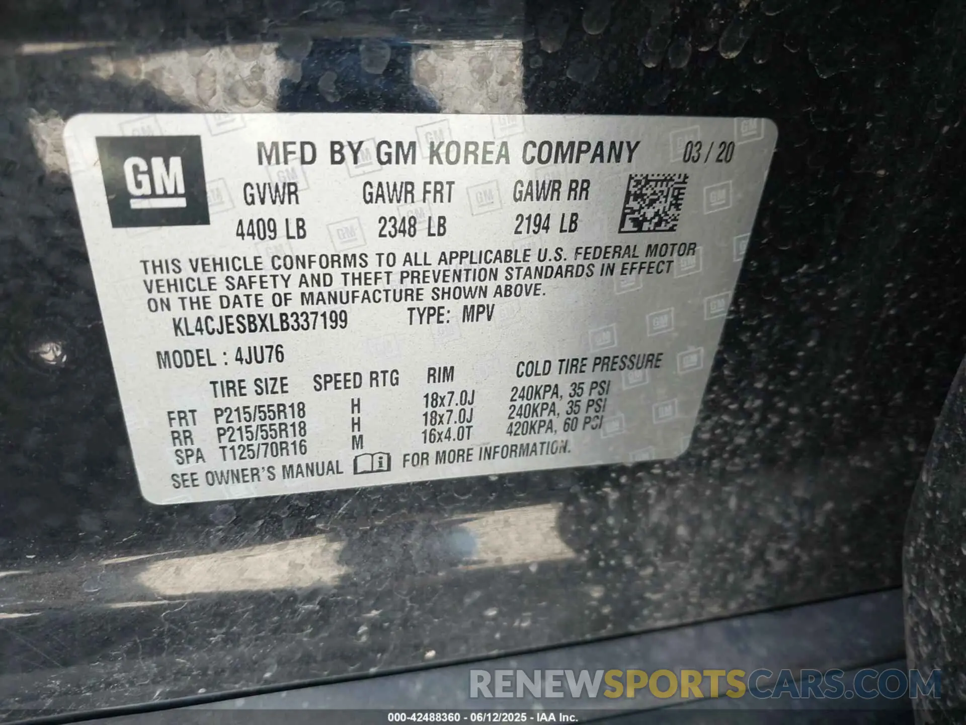 9 Photograph of a damaged car KL4CJESBXLB337199 BUICK ENCORE 2020