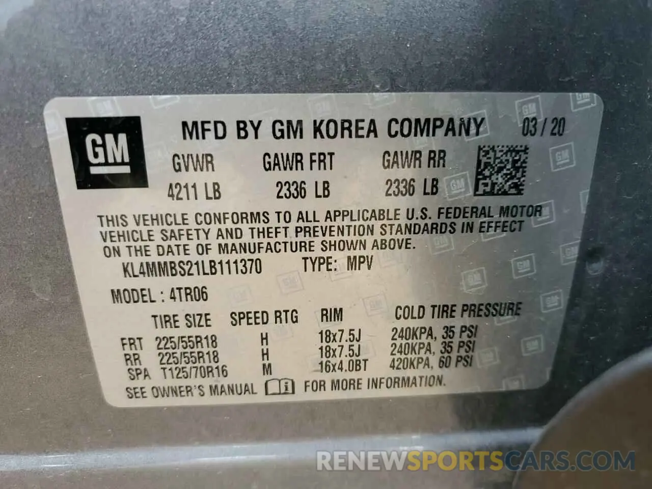 13 Photograph of a damaged car KL4MMBS21LB111370 BUICK ENCORE 2020