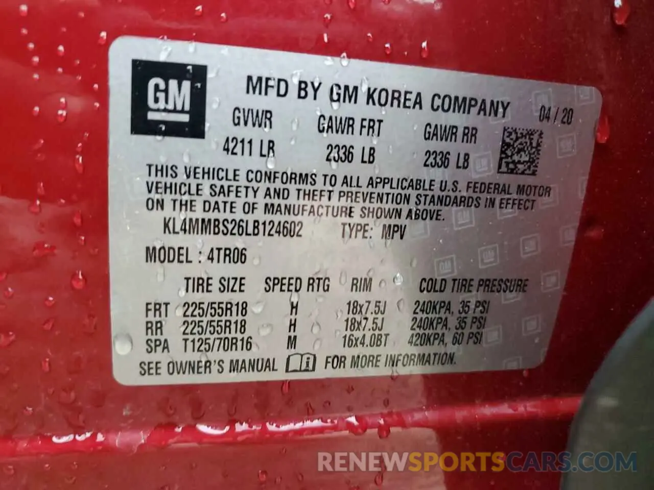 13 Photograph of a damaged car KL4MMBS26LB124602 BUICK ENCORE 2020