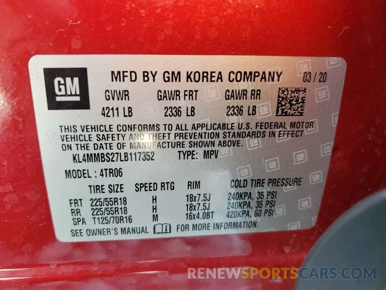13 Photograph of a damaged car KL4MMBS27LB117352 BUICK ENCORE 2020