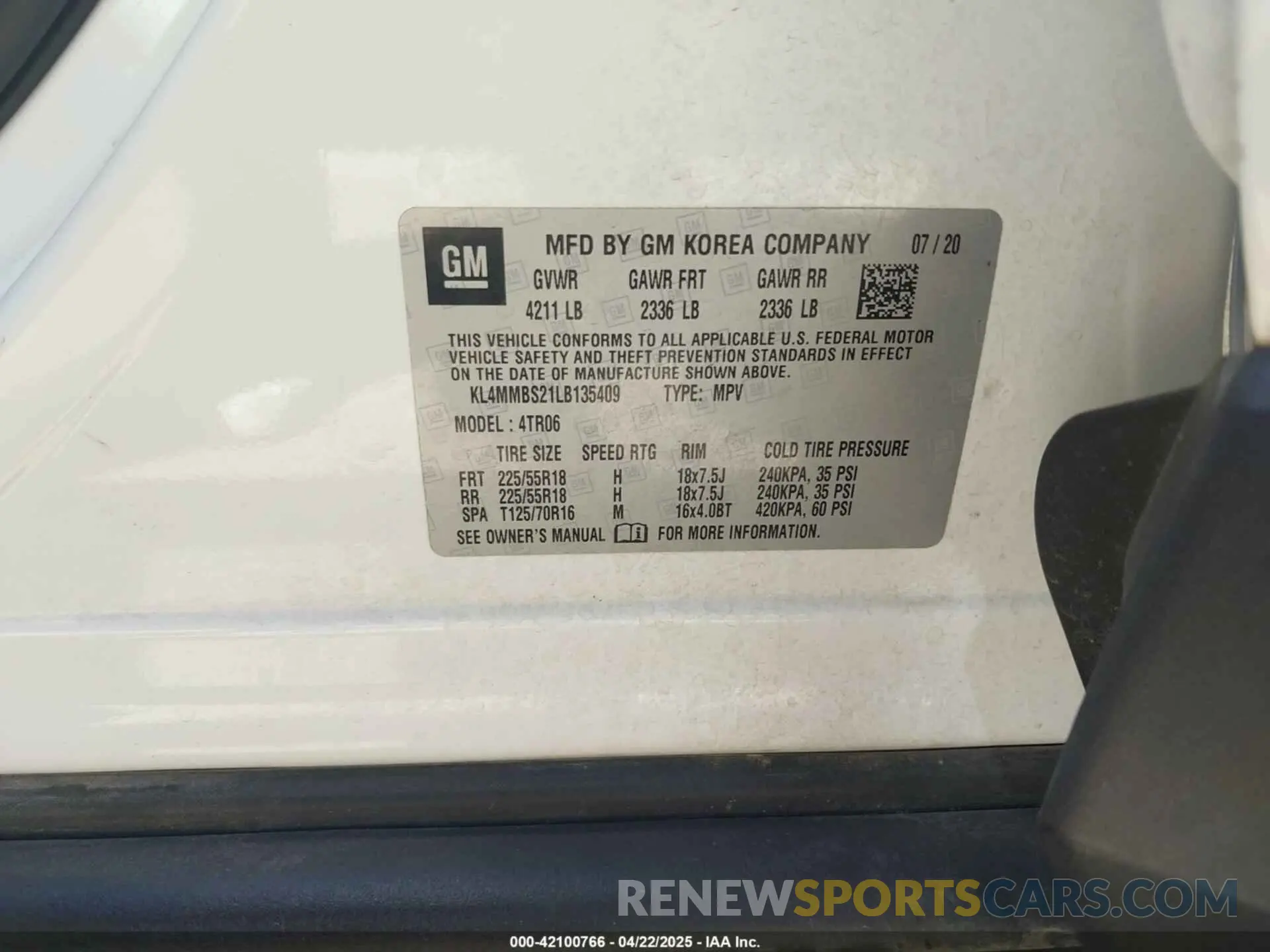 9 Photograph of a damaged car KL4MMBS21LB135409 BUICK ENCORE GX 2020