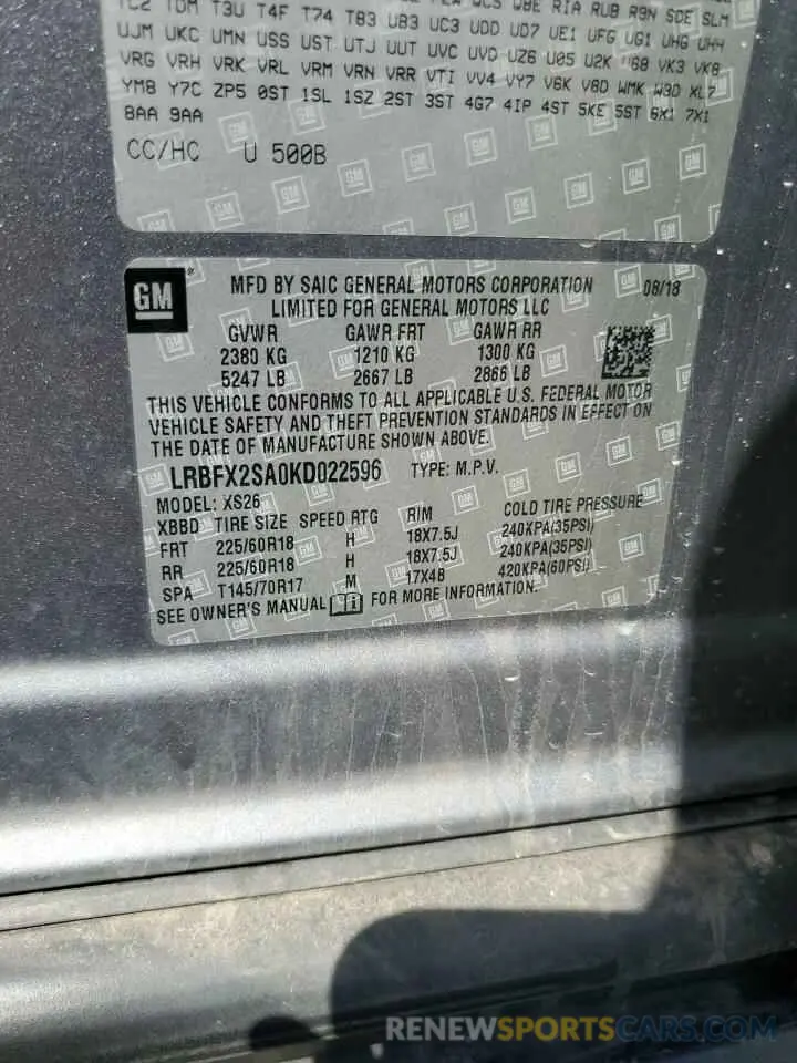 13 Photograph of a damaged car LRBFX2SA0KD022596 BUICK ENVISION 2019