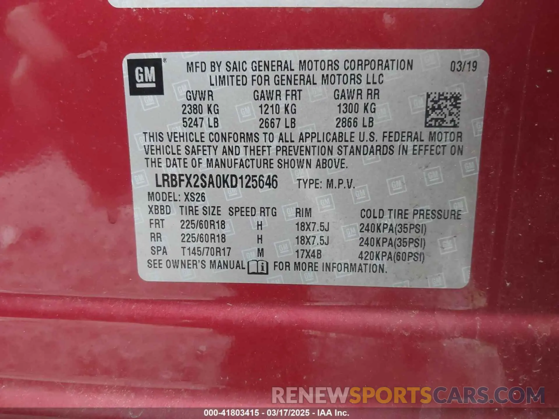 9 Photograph of a damaged car LRBFX2SA0KD125646 BUICK ENVISION 2019