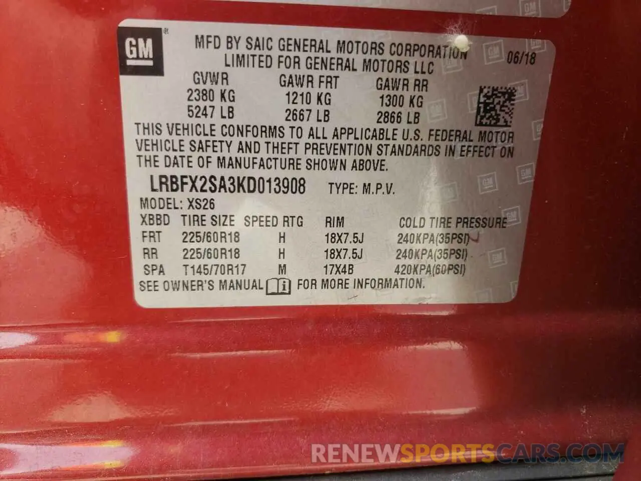 13 Photograph of a damaged car LRBFX2SA3KD013908 BUICK ENVISION 2019