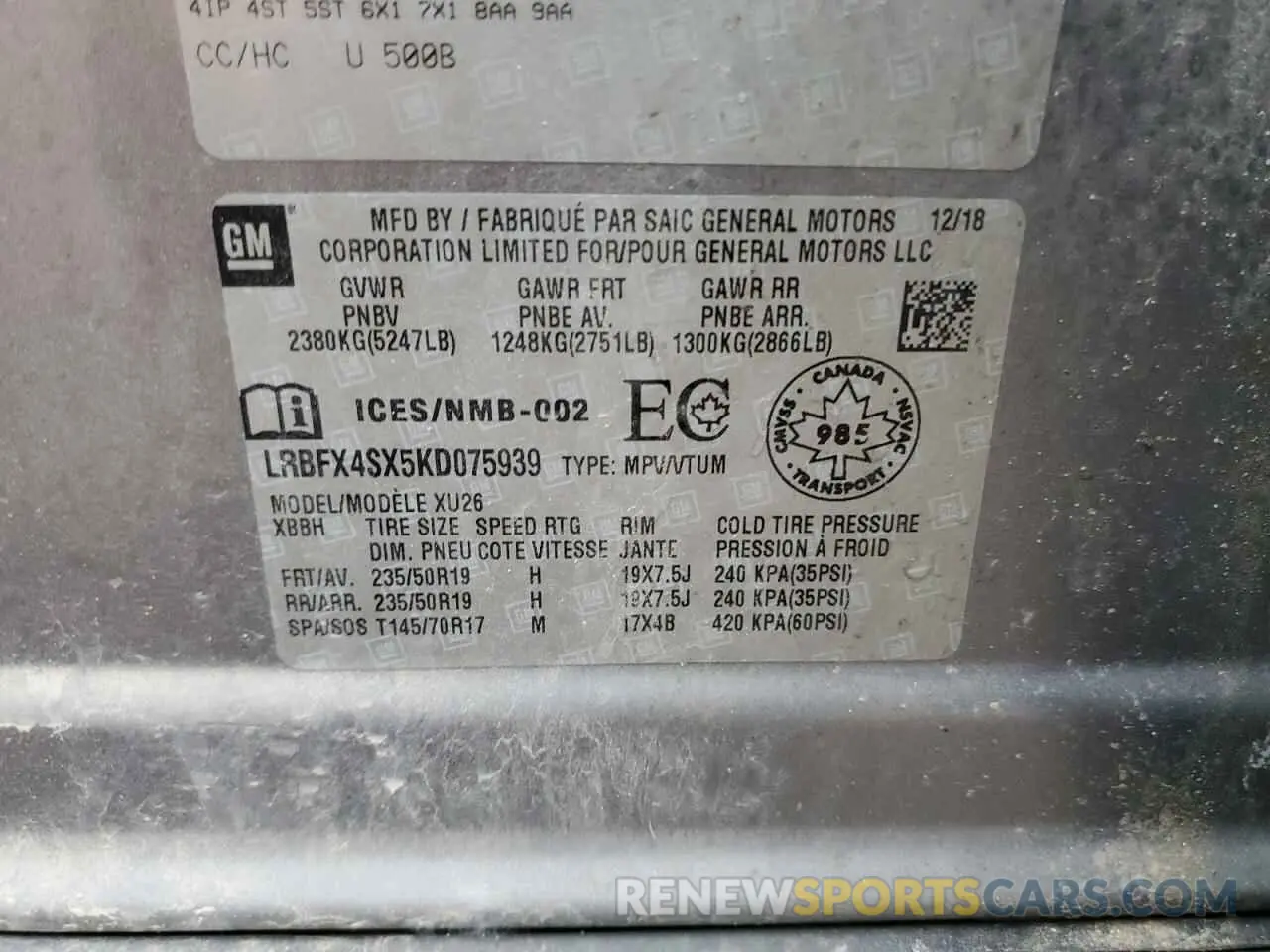 13 Photograph of a damaged car LRBFX4SX5KD075939 BUICK ENVISION 2019