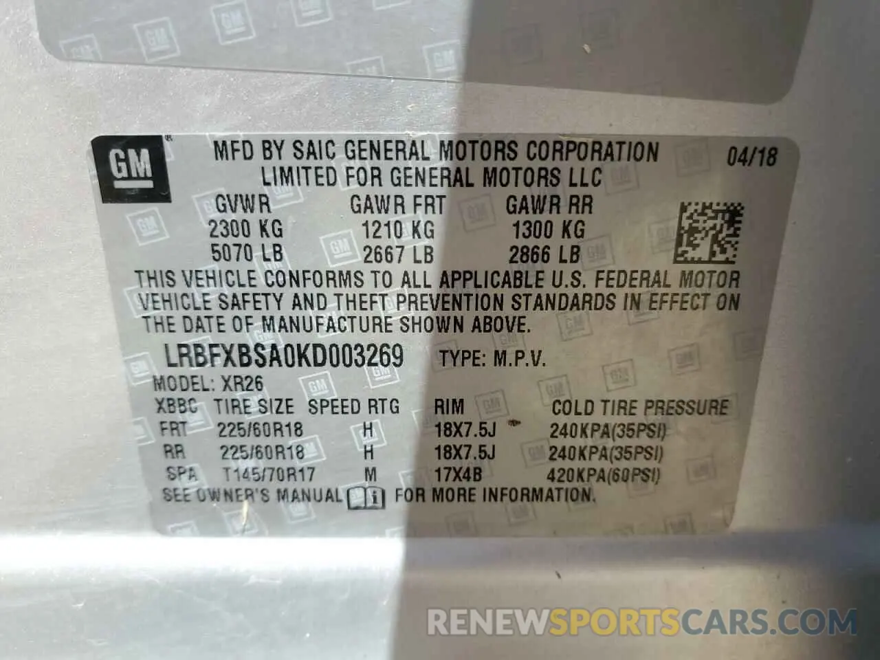 13 Photograph of a damaged car LRBFXBSA0KD003269 BUICK ENVISION 2019