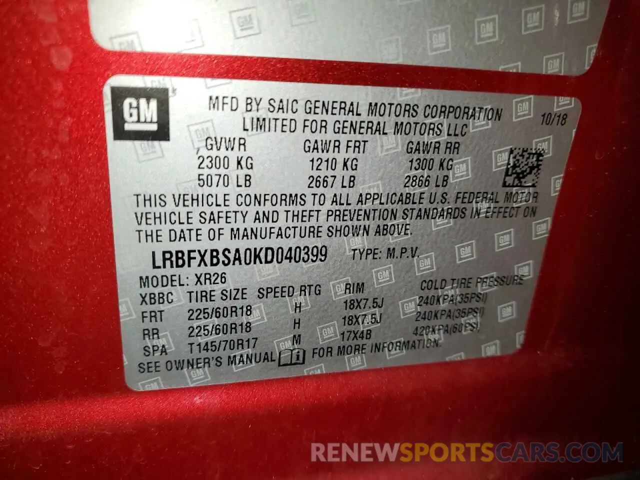 13 Photograph of a damaged car LRBFXBSA0KD040399 BUICK ENVISION 2019