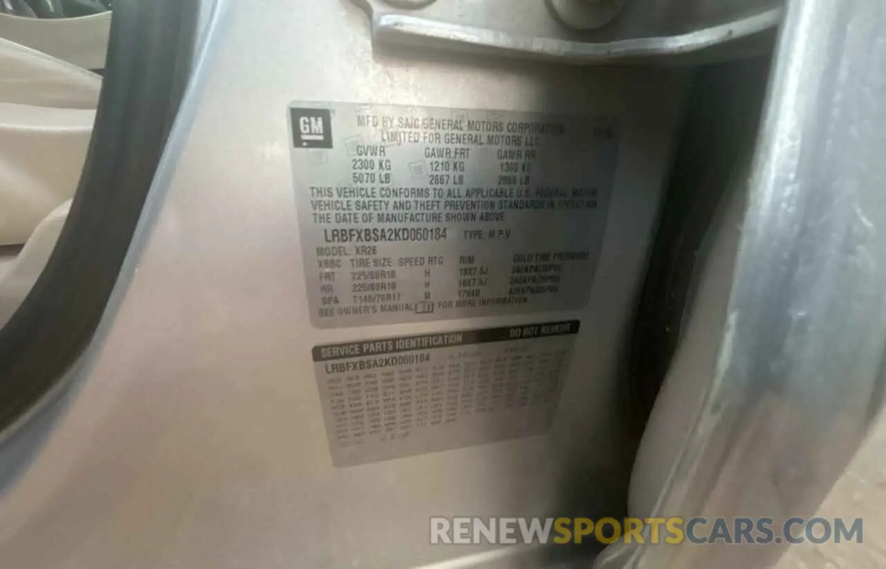 10 Photograph of a damaged car LRBFXBSA2KD060184 BUICK ENVISION 2019