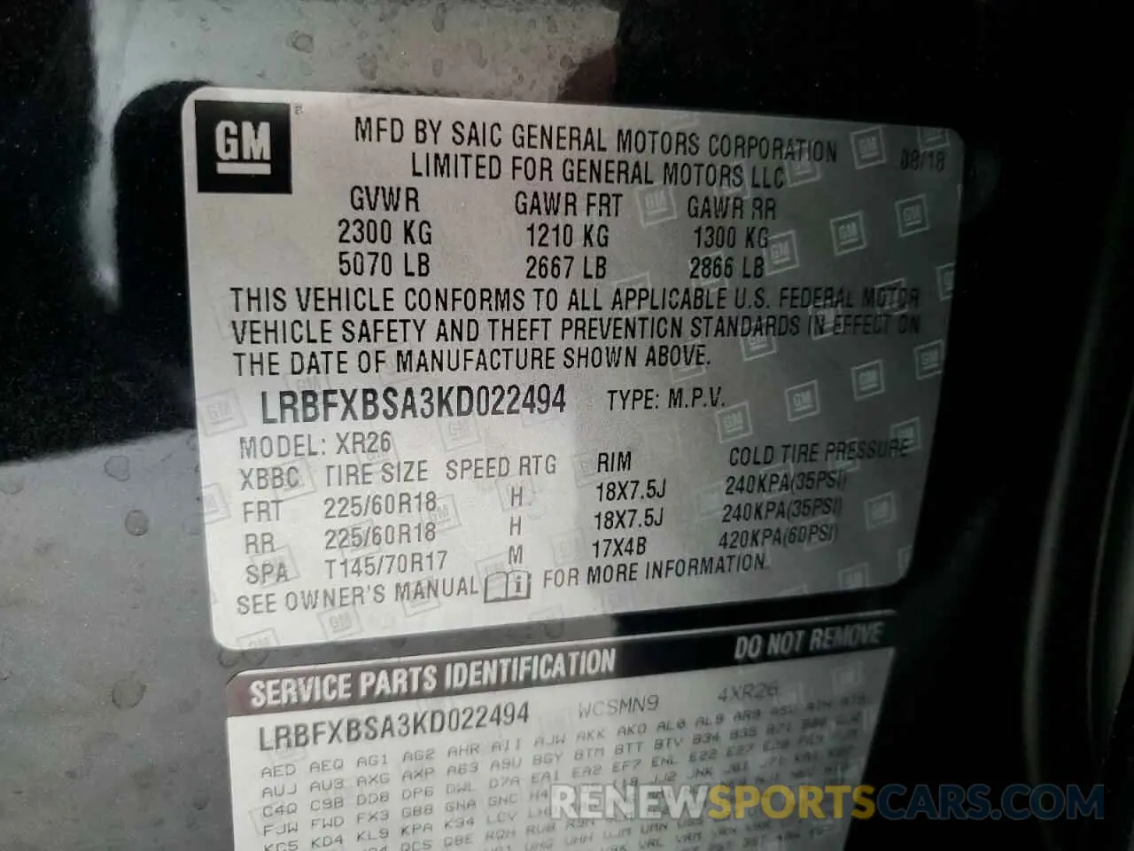 13 Photograph of a damaged car LRBFXBSA3KD022494 BUICK ENVISION 2019