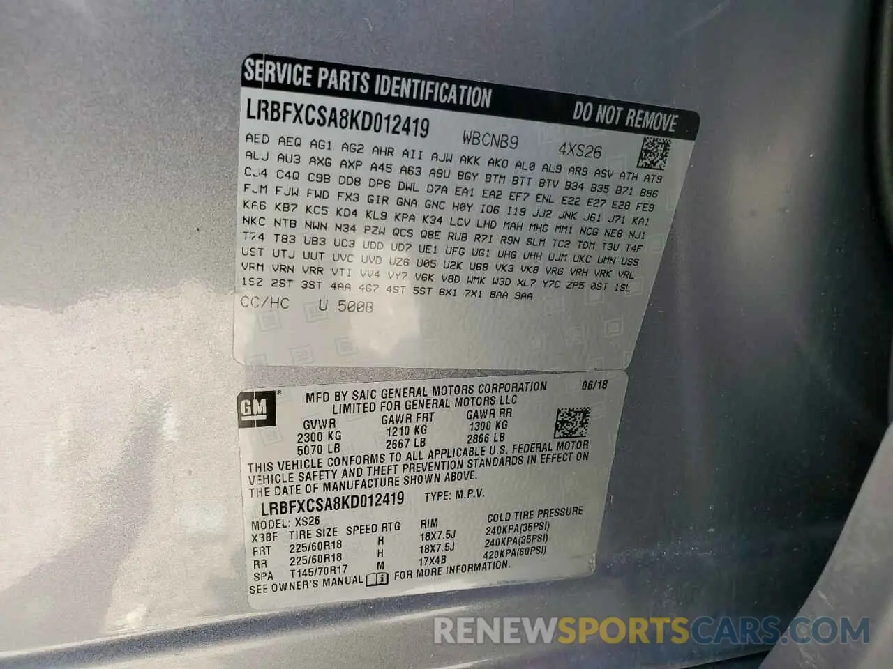 13 Photograph of a damaged car LRBFXCSA8KD012419 BUICK ENVISION 2019