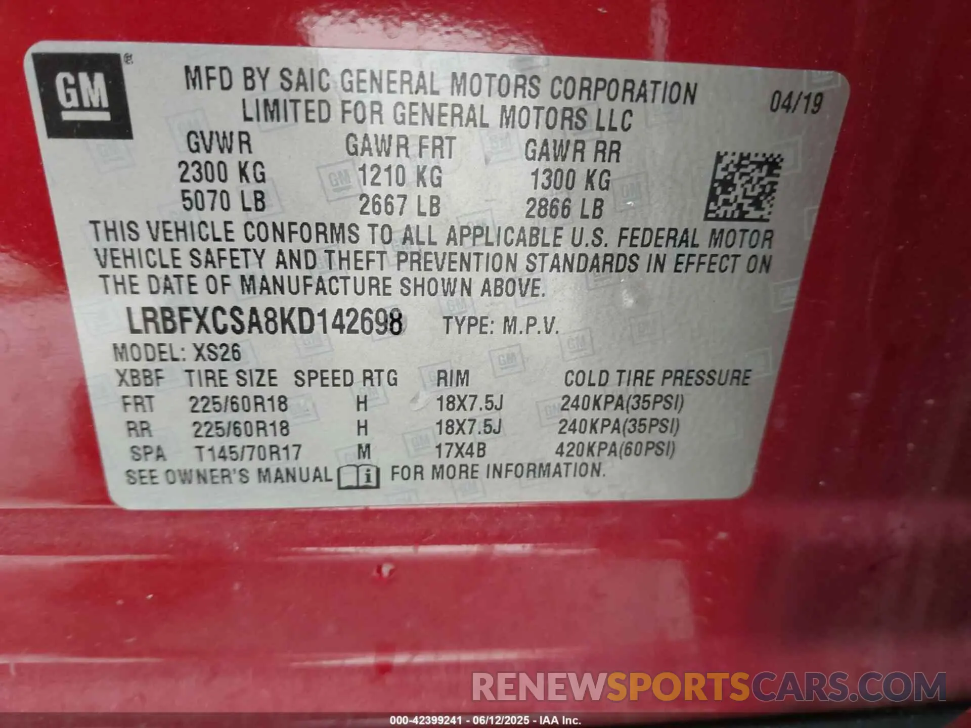 9 Photograph of a damaged car LRBFXCSA8KD142698 BUICK ENVISION 2019