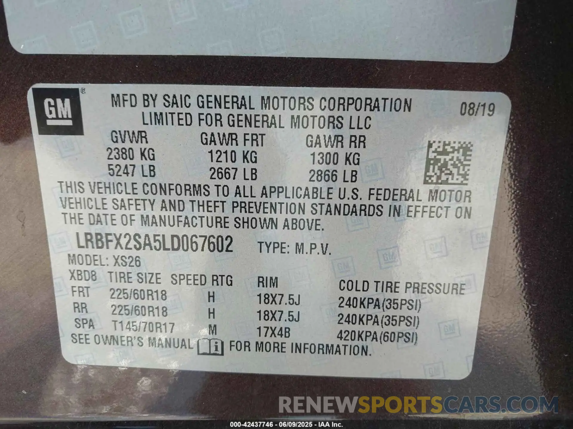9 Photograph of a damaged car LRBFX2SA5LD067602 BUICK ENVISION 2020