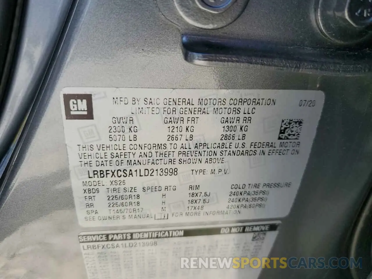 13 Photograph of a damaged car LRBFXCSA1LD213998 BUICK ENVISION 2020