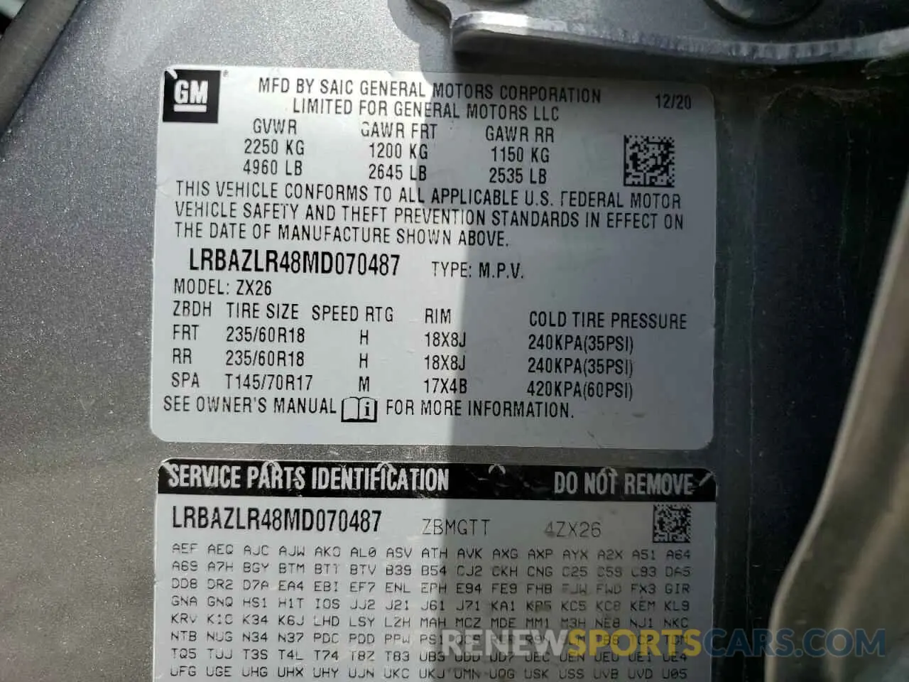 13 Photograph of a damaged car LRBAZLR48MD070487 BUICK ENVISION 2021