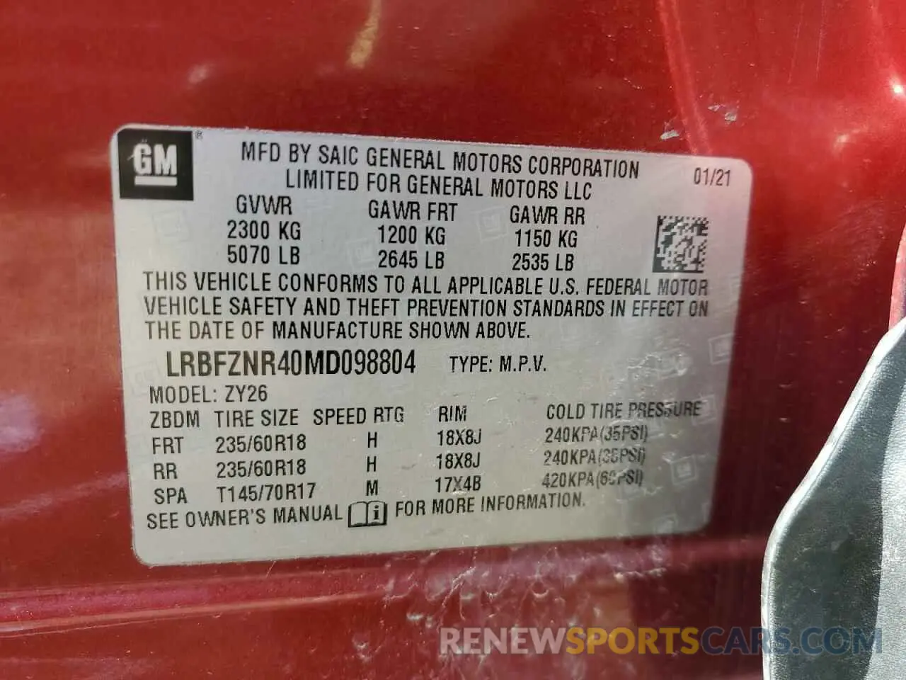 13 Photograph of a damaged car LRBFZNR40MD098804 BUICK ENVISION 2021