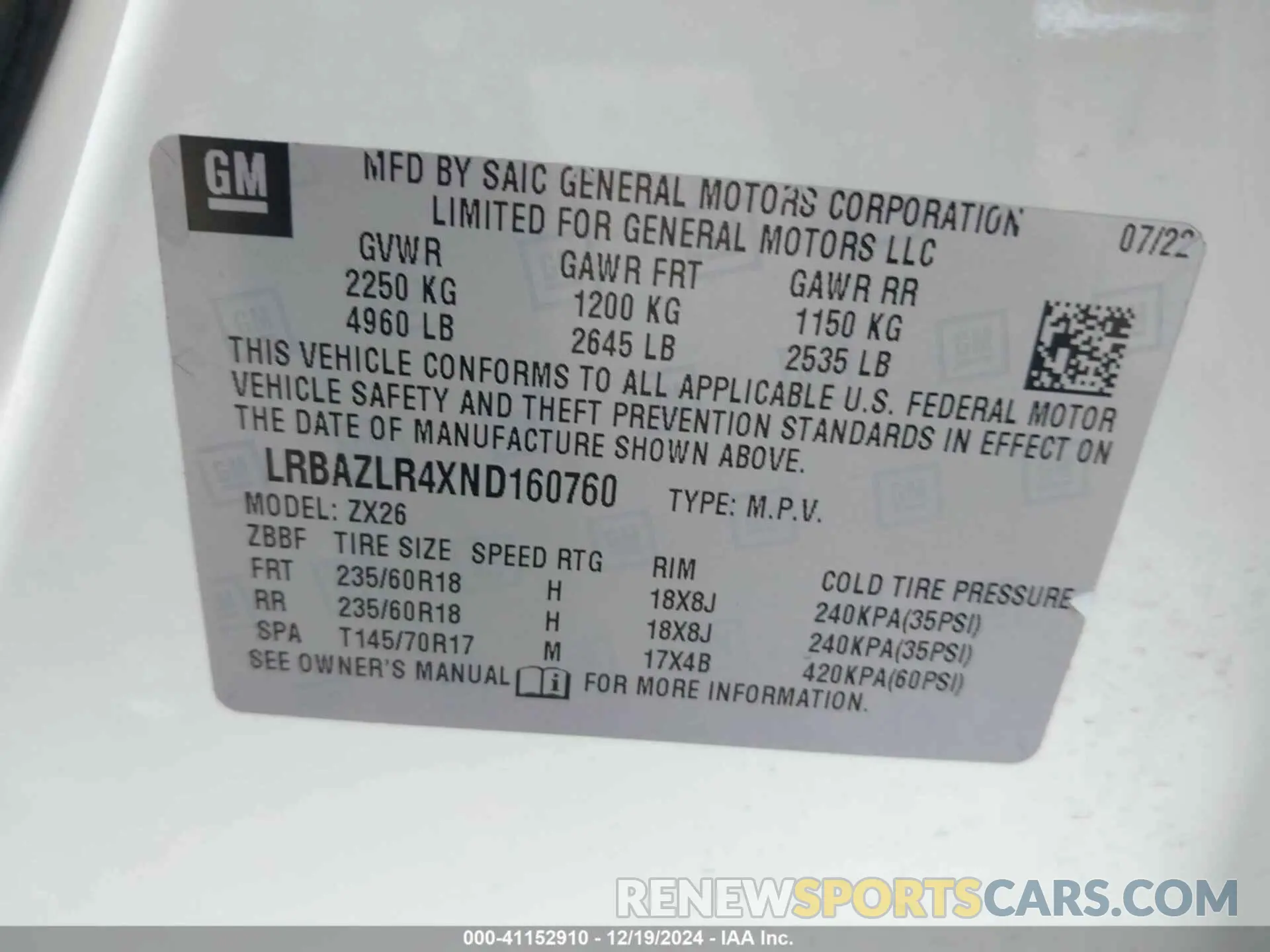 9 Photograph of a damaged car LRBAZLR4XND160760 BUICK ENVISION 2022