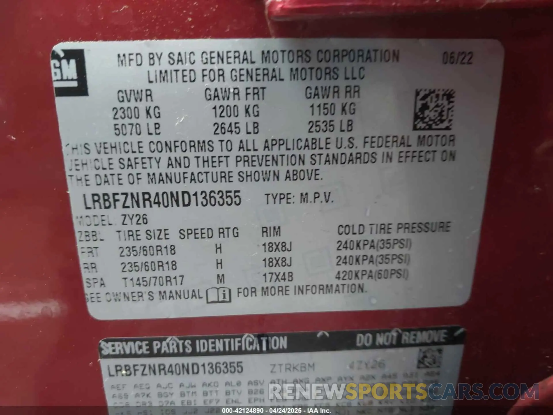 9 Photograph of a damaged car LRBFZNR40ND136355 BUICK ENVISION 2022