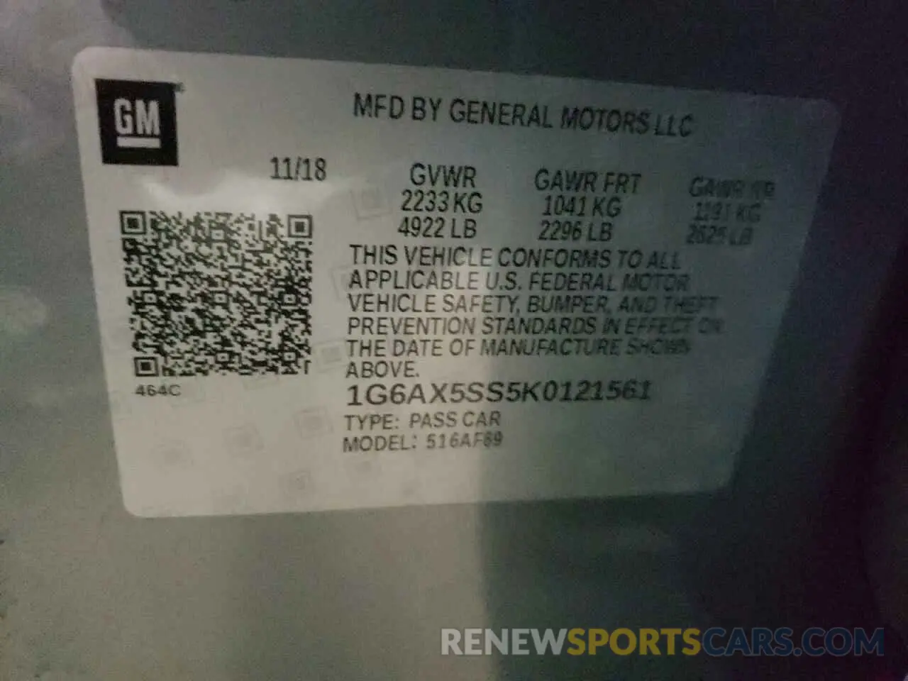 12 Photograph of a damaged car 1G6AX5SS5K0121561 CADILLAC CTS 2019