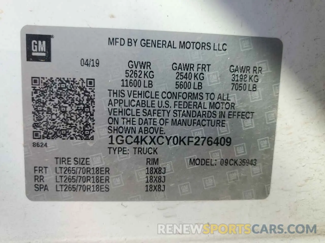 15 Photograph of a damaged car 1GC4KXCY0KF276409 CHEVROLET ALL Models 2019