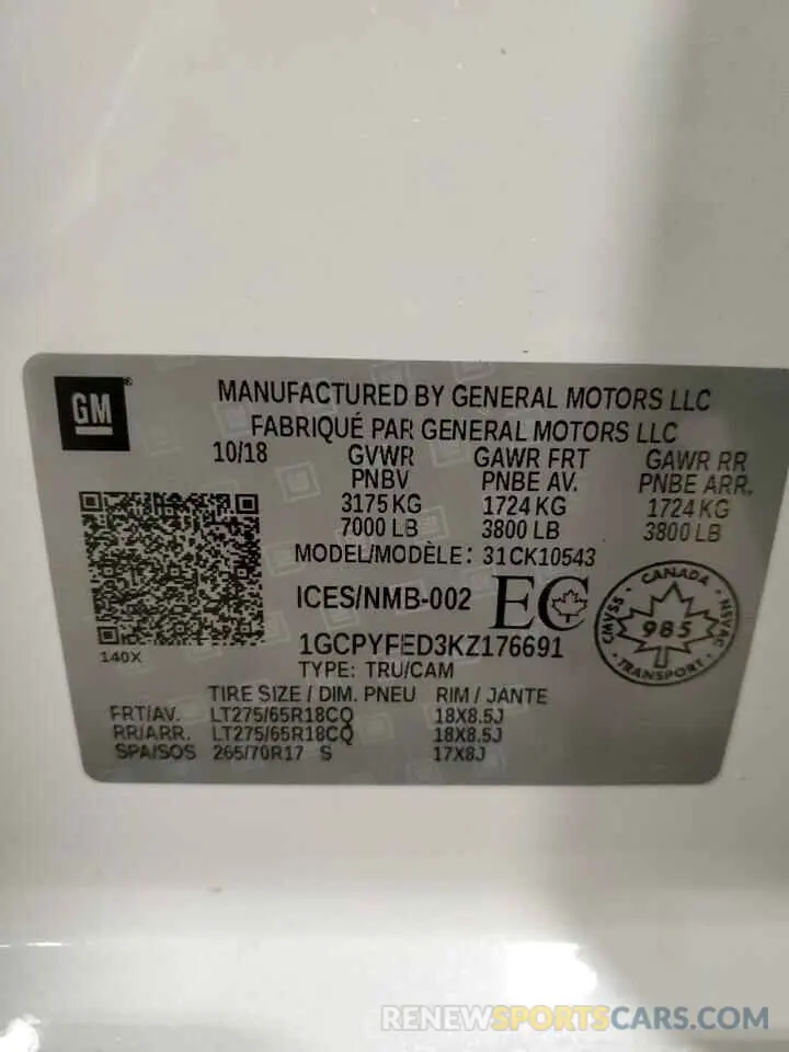 13 Photograph of a damaged car 1GCPYFED3KZ176691 CHEVROLET ALL Models 2019