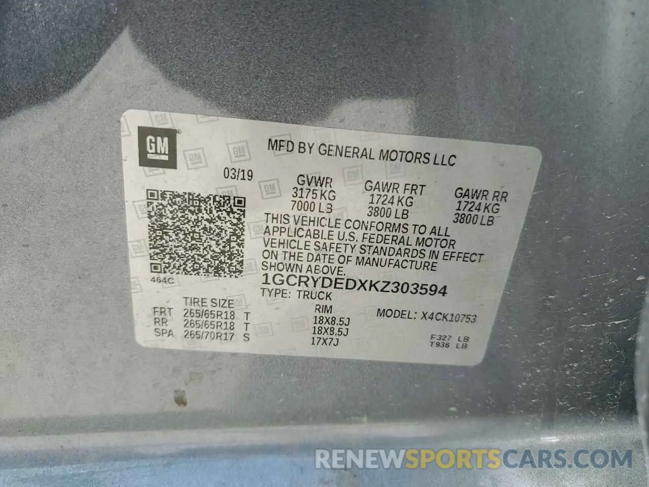 14 Photograph of a damaged car 1GCRYDEDXKZ303594 CHEVROLET ALL Models 2019