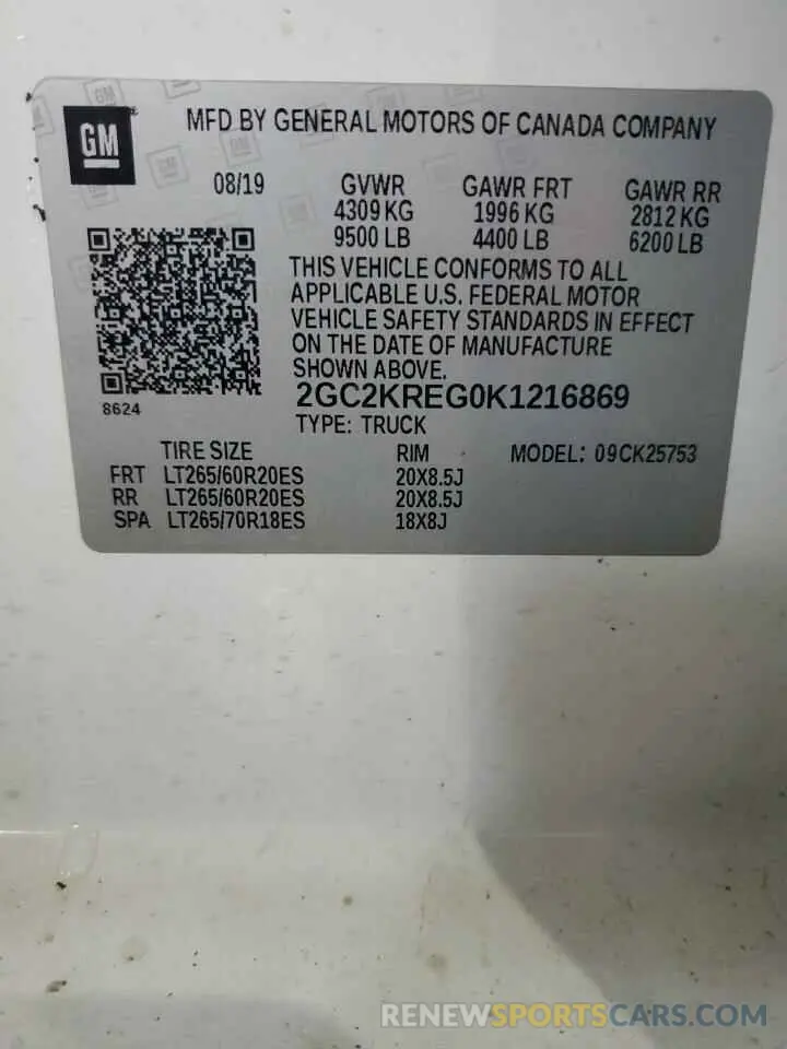 12 Photograph of a damaged car 2GC2KREG0K1216869 CHEVROLET ALL Models 2019