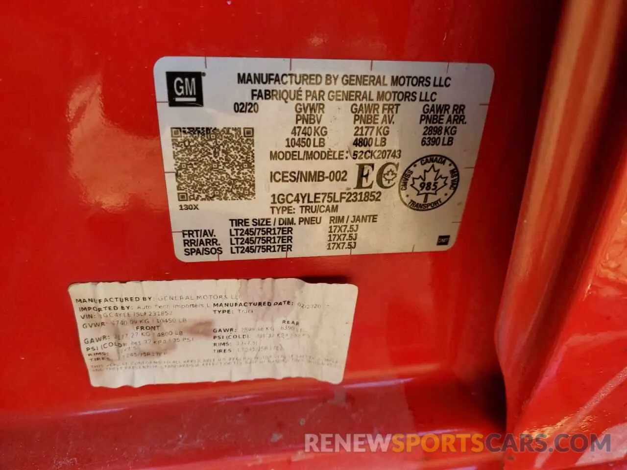 14 Photograph of a damaged car 1GC4YLE75LF231852 CHEVROLET ALL Models 2020