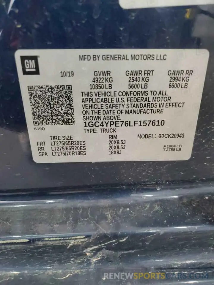 12 Photograph of a damaged car 1GC4YPE76LF157610 CHEVROLET ALL Models 2020