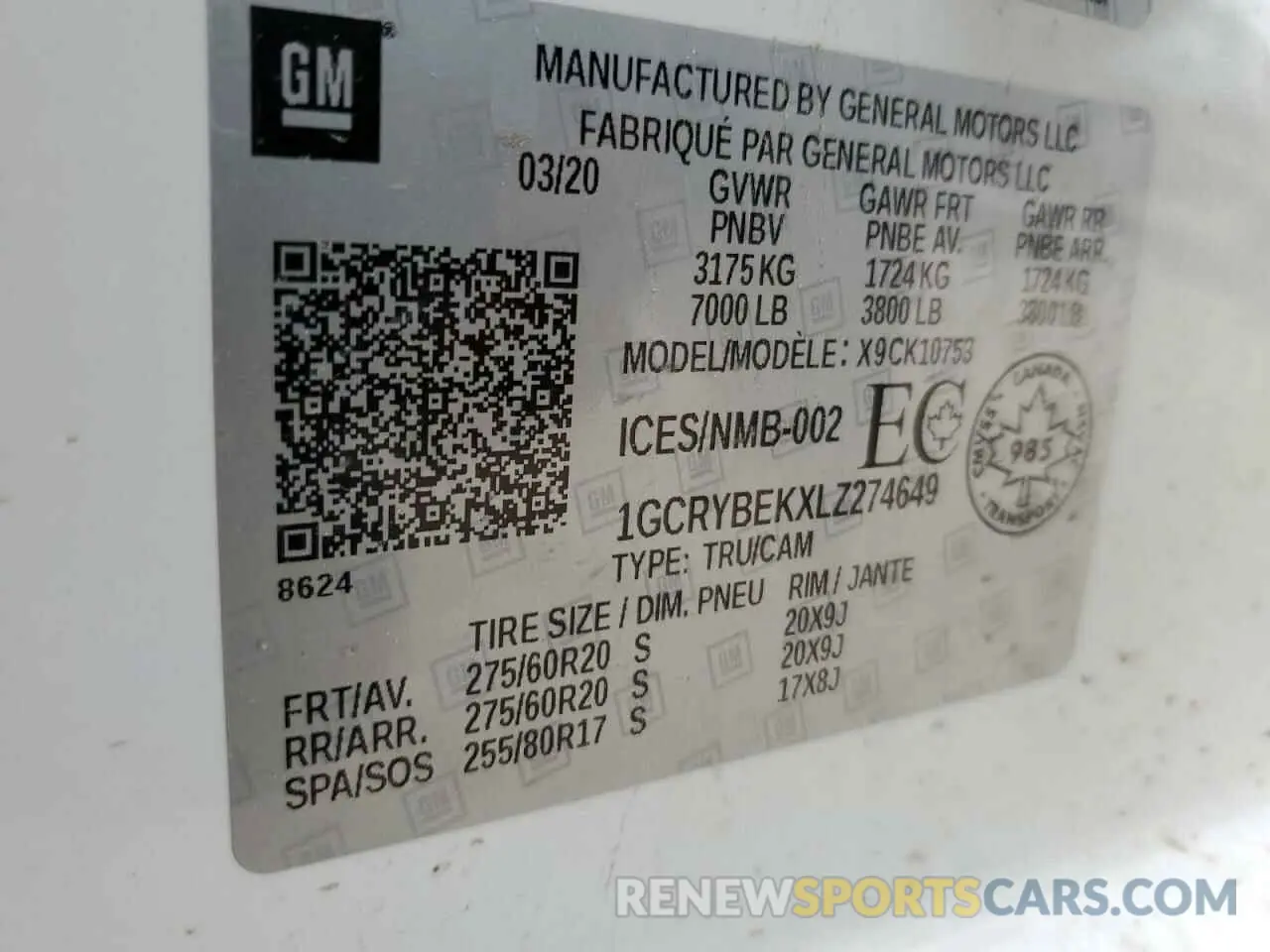 13 Photograph of a damaged car 1GCRYBEKXLZ274649 CHEVROLET ALL Models 2020