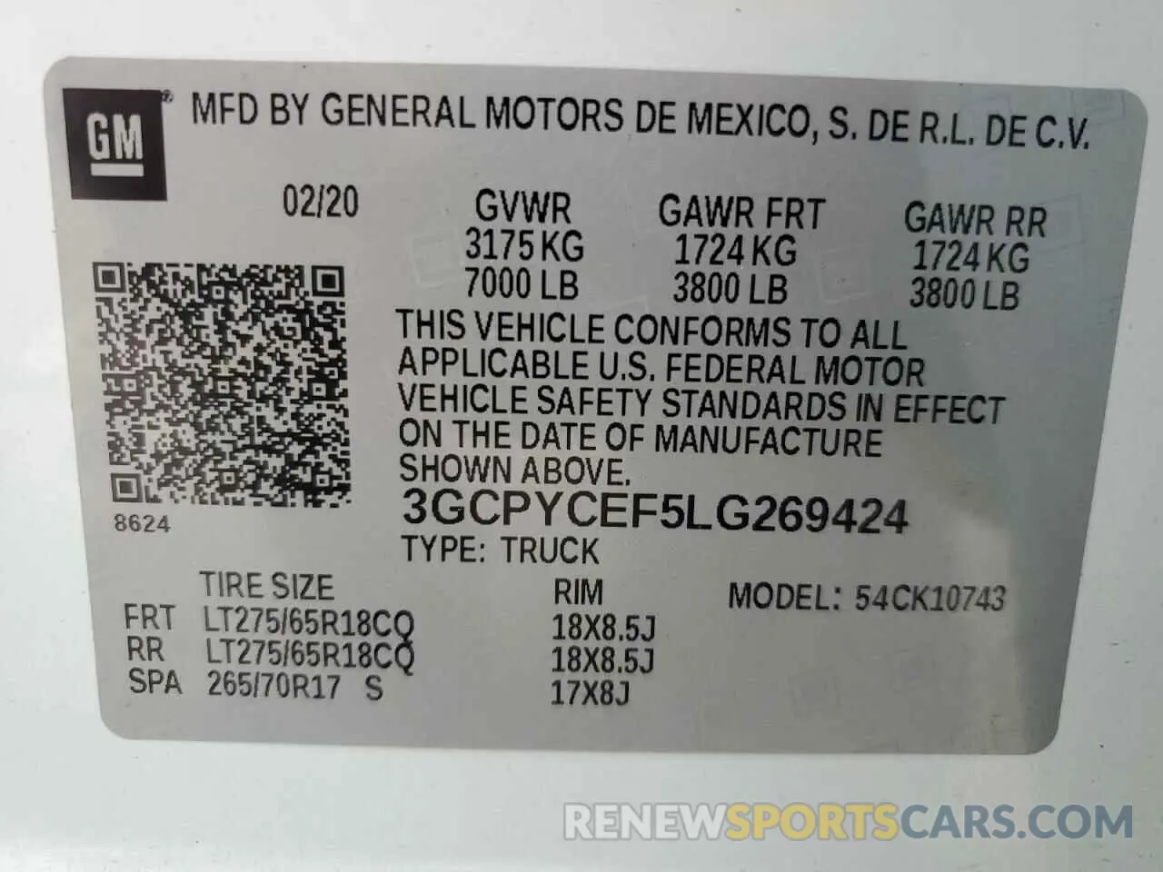 12 Photograph of a damaged car 3GCPYCEF5LG269424 CHEVROLET ALL Models 2020