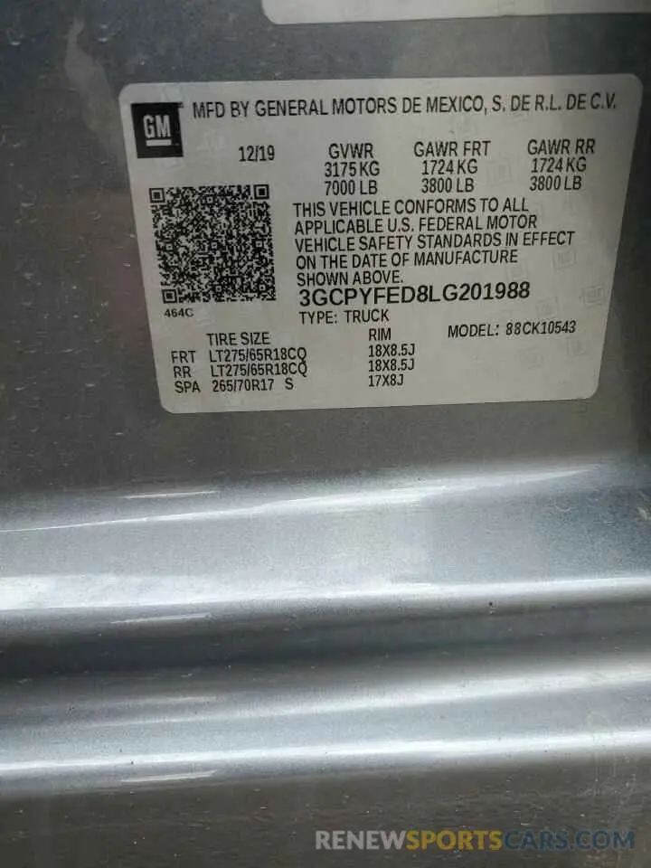 12 Photograph of a damaged car 3GCPYFED8LG201988 CHEVROLET ALL Models 2020