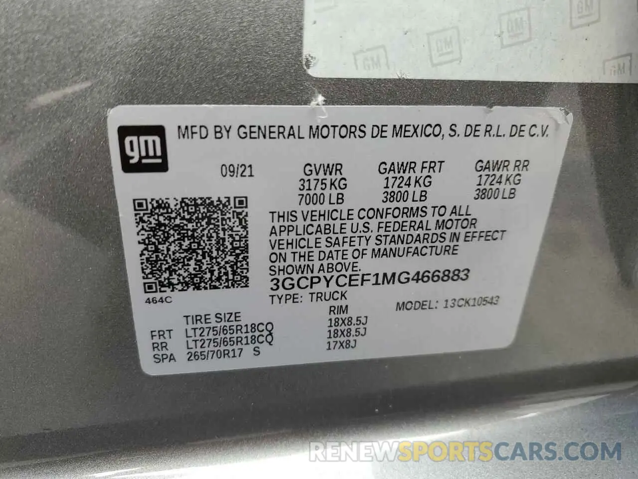 13 Photograph of a damaged car 3GCPYCEF1MG466883 CHEVROLET ALL Models 2021