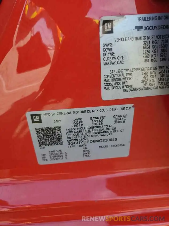 13 Photograph of a damaged car 3GCUYDED6MG310040 CHEVROLET ALL Models 2021