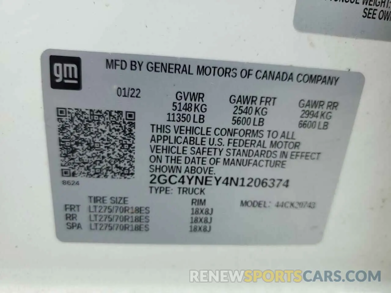 12 Photograph of a damaged car 2GC4YNEY4N1206374 CHEVROLET ALL Models 2022