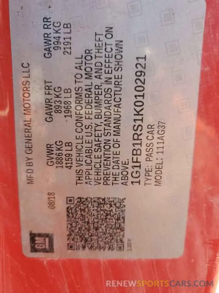 12 Photograph of a damaged car 1G1FB1RS1K0102921 CHEVROLET CAMARO 2019