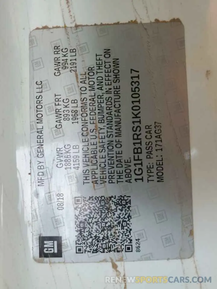 12 Photograph of a damaged car 1G1FB1RS1K0105317 CHEVROLET CAMARO 2019