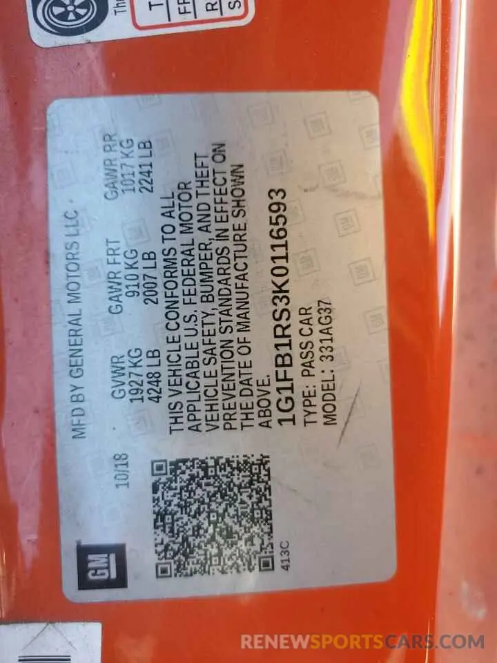 12 Photograph of a damaged car 1G1FB1RS3K0116593 CHEVROLET CAMARO 2019