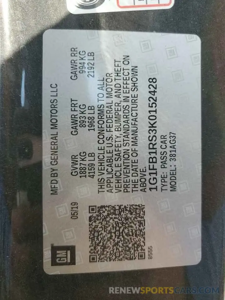 12 Photograph of a damaged car 1G1FB1RS3K0152428 CHEVROLET CAMARO 2019