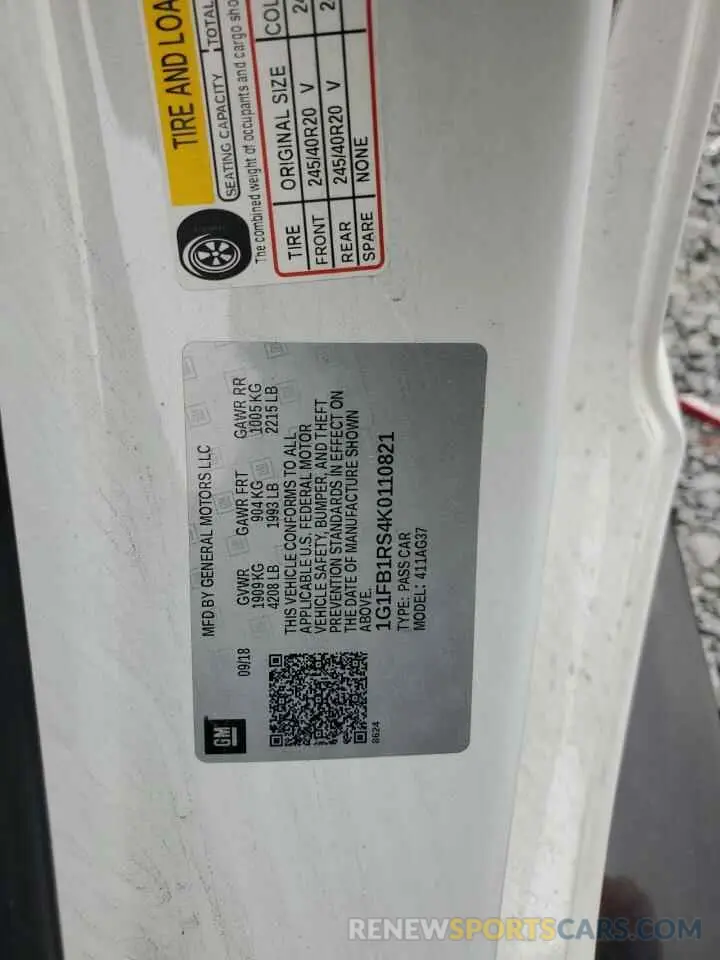 12 Photograph of a damaged car 1G1FB1RS4K0110821 CHEVROLET CAMARO 2019