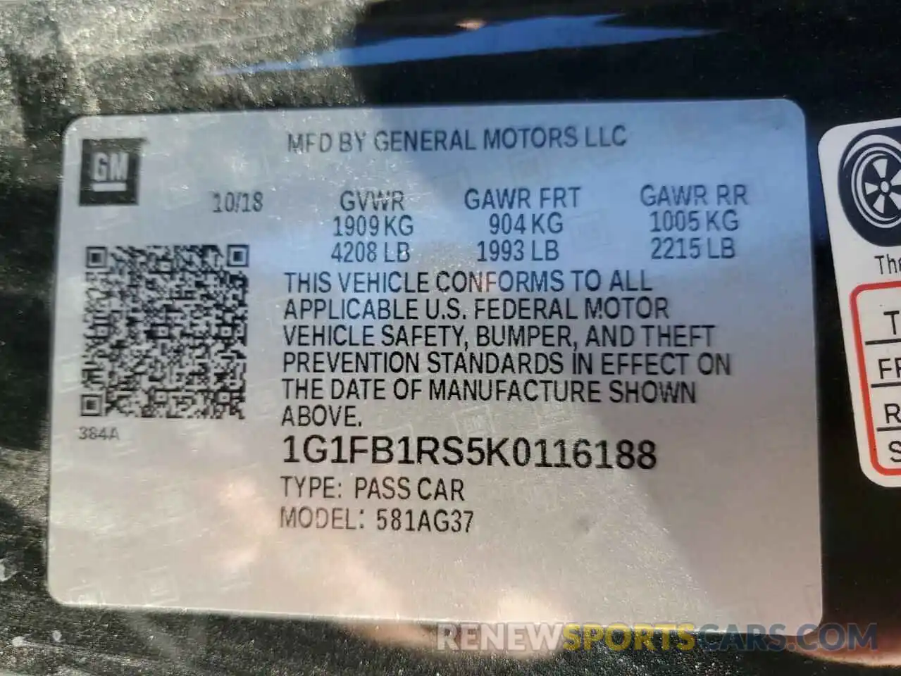 12 Photograph of a damaged car 1G1FB1RS5K0116188 CHEVROLET CAMARO 2019