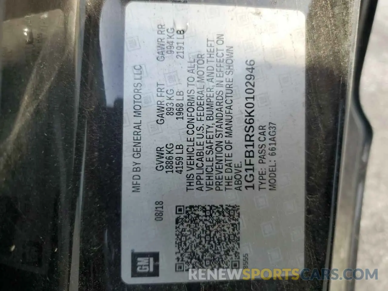 12 Photograph of a damaged car 1G1FB1RS6K0102946 CHEVROLET CAMARO 2019